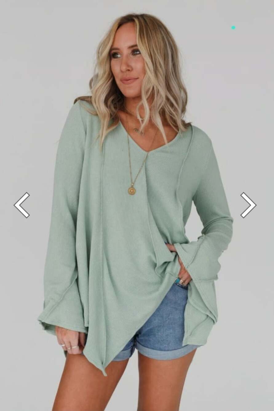 Three Bird Nest Golden Hour Tunic Top Women M Sage Green Ribbed Knit Bell Sleeve